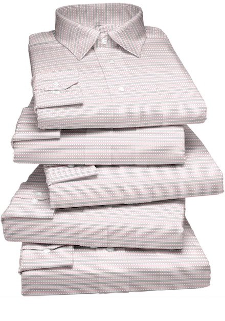 깃에 '분홍'이라고 적힌 분홍색 줄무늬 셔츠 한 뭉치