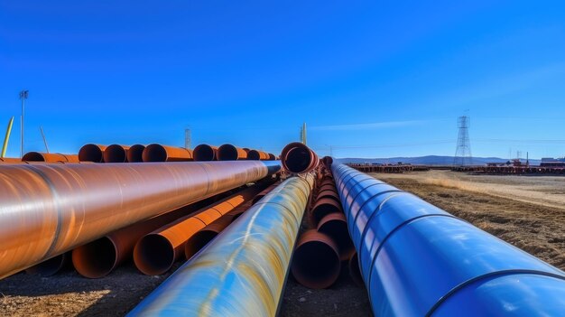 A stack of pipes with a blue sky in the background