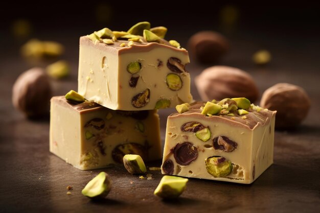 A stack of pistachio fudge on a table