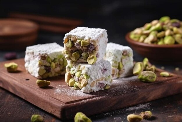 Photo a stack of pistachio fudge on a wooden board