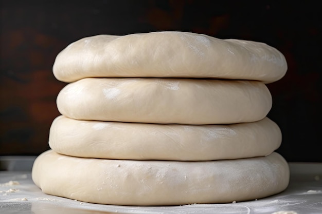 Stack of pizza dough waiting to be topped and baked into classic slice created with generative ai