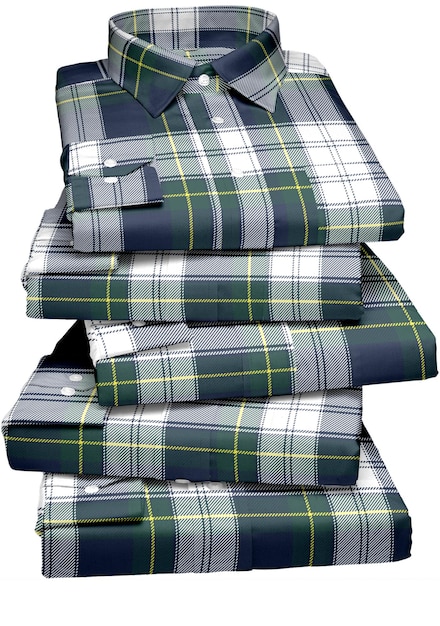 A stack of plaid shirts with a collar on the bottom.