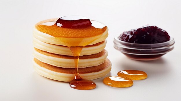 A stack of plain pancakes with syrup on a white background