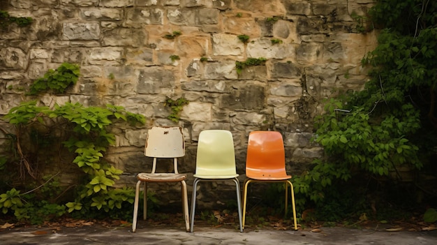 Stack of plastic chairs near old textured wall