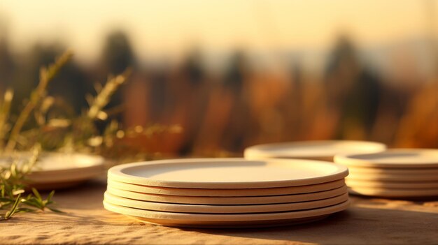 Stack of Plates on Tree Stump