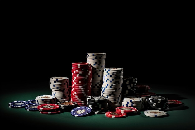 A stack of poker chips on a green table with a black background.