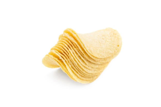 Stack of potato chips on white background