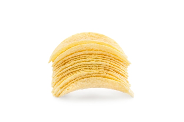 Stack of potato chips on white background