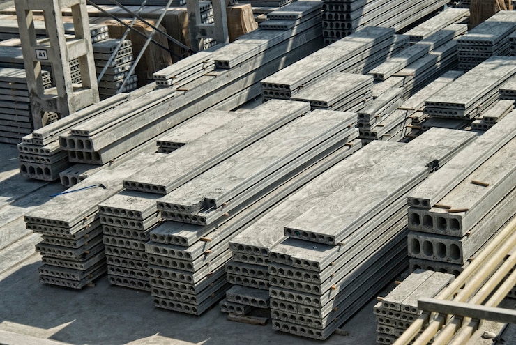Photo stack of precast reinforced concrete slabs in a house-building factory workshop