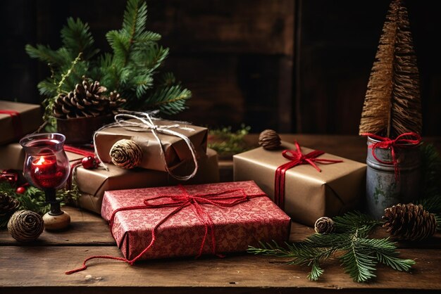 Foto una pila di regali con un albero di natale sullo sfondo