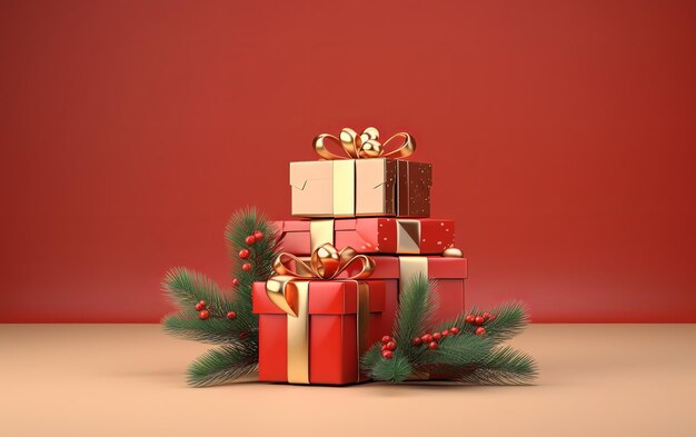 a stack of presents with a red background with a red background.