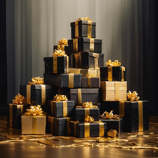 Foto una pila di regali avvolti in oro e nero regalo lussuoso nastro dorato sfondo di festa di lusso