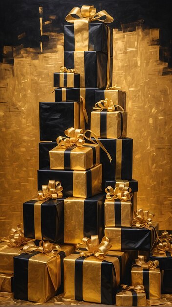 A stack of presents wrapped in gold and black luxurious gift golden ribbon deluxe party background