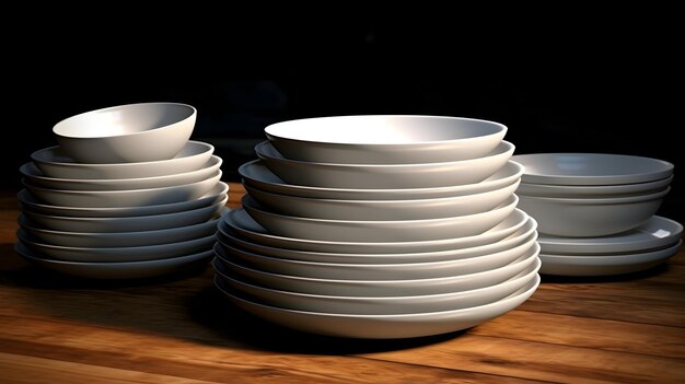 Stack of pristine white plates and bowls