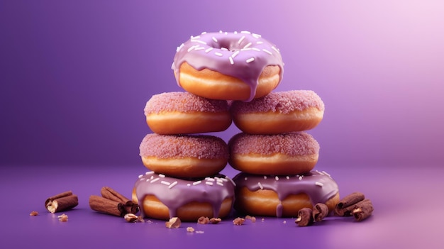 A stack of purple donuts with purple icing and cinnamon sticks on top.