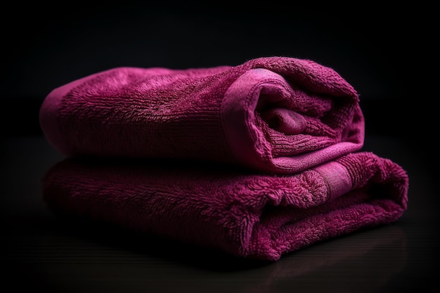 A stack of purple towels on a dark table