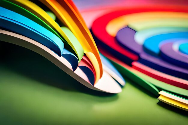 A stack of rainbow colored books with a green background.