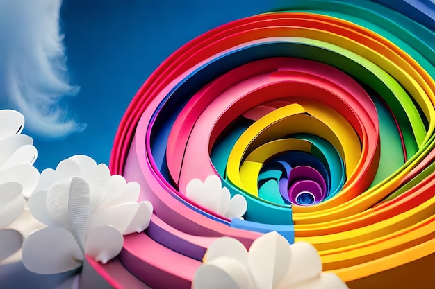 a stack of rainbow colored rings with the sky in the background