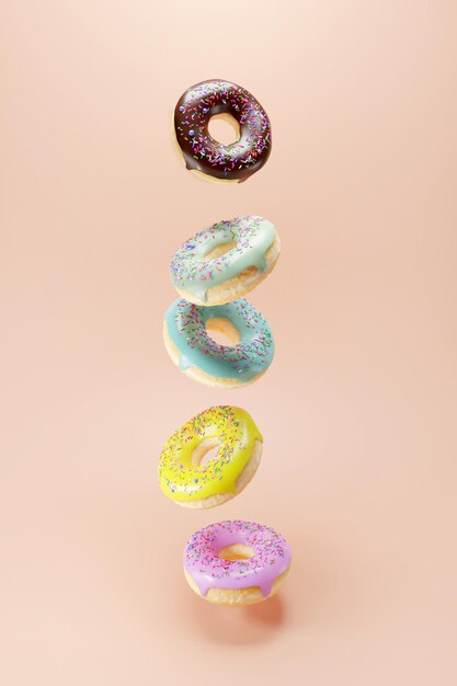 Stack of realistic glazed levitation donuts 3d render Donuts with different chocolate and fruit glazes and sweet colorful sprinkle on beige background