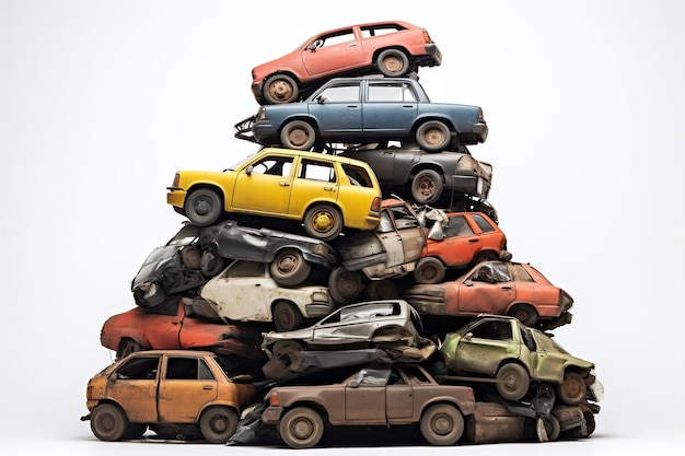 A stack of recycled cars on a white background Generative Ai
