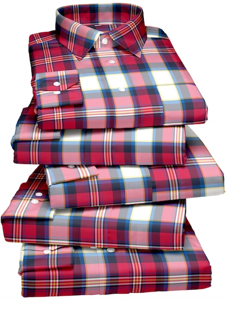 A stack of red and blue plaid shirts with the number 5 on the front.