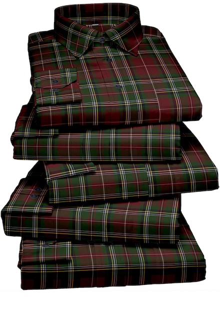 A stack of red plaid shirts with the word flannel on them.