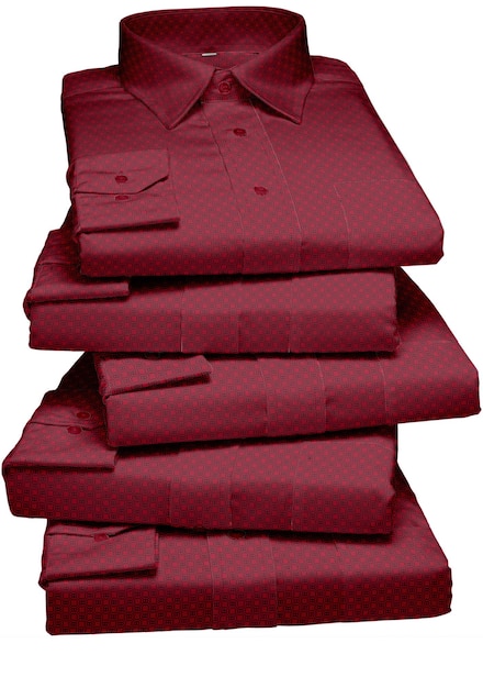 A stack of red shirts with a dark red checkered pattern on the front.