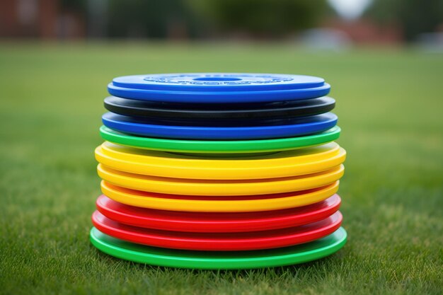 Stack of reunion frisbees in multiple colors