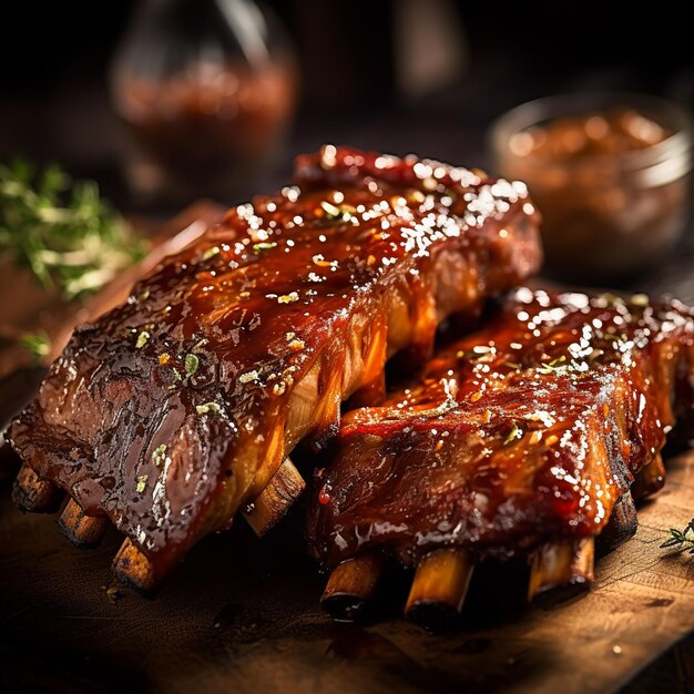 A stack of ribs with a glaze on them