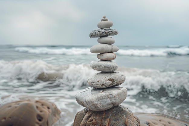 Stack of Rocks Balancing on Large Rock by Ocean