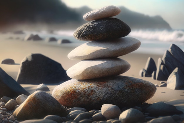 A stack of rocks on a beach with a beach in the background.