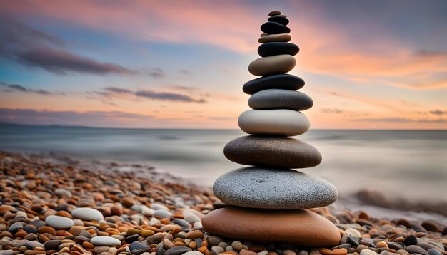 a stack of rocks on a beach with a sunset in the background