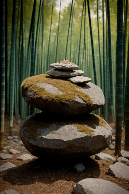 A Stack Of Rocks In The Middle Of A Bamboo Forest