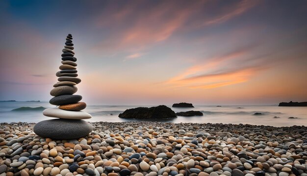 a stack of rocks sits on a beach with a pyramid in the middle