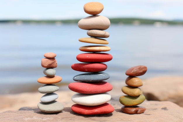 a stack of rocks sitting on a rock next to a body of water