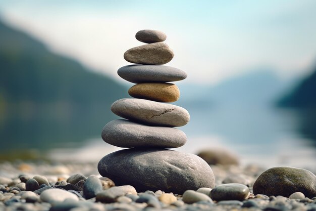 Photo stack of rocks sitting on top of beach next to body of water generative ai