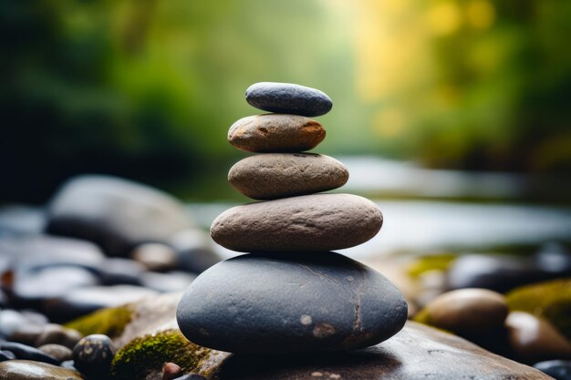 Stack of rocks sitting on top of river bed Generative AI