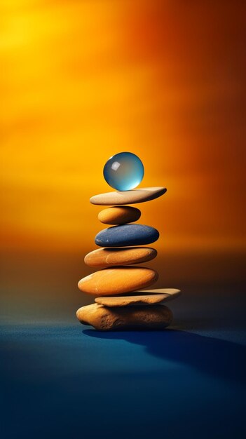 A stack of rocks with a blue glass sphere on top