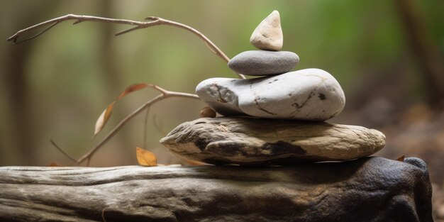 A stack of rocks with a branch of a plant on it