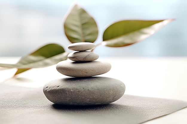 A stack of rocks with leaves