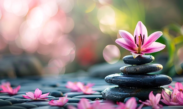 Foto una pila di rocce con un fiore rosa in cima a essospa vita morta con pietre zen e fiori yoga me