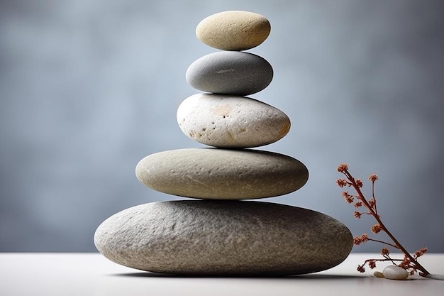 a stack of rocks with a small plant in the middle.