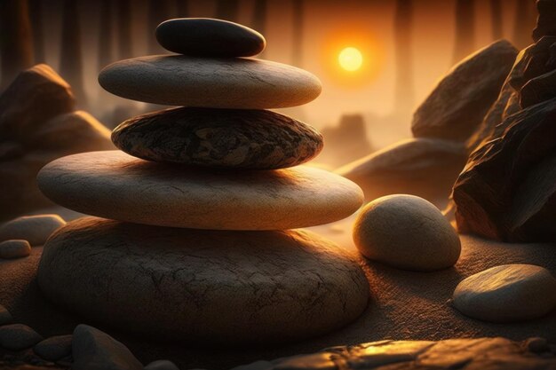 A stack of rocks with the sun in the background