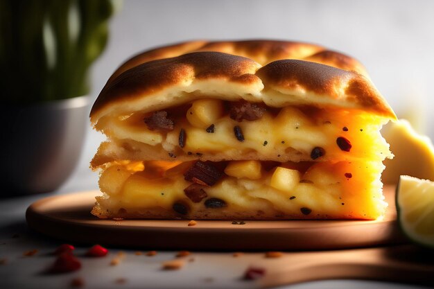 A stack round loaf of Italian Focaccia with a slice taken out of it on a wooden plate