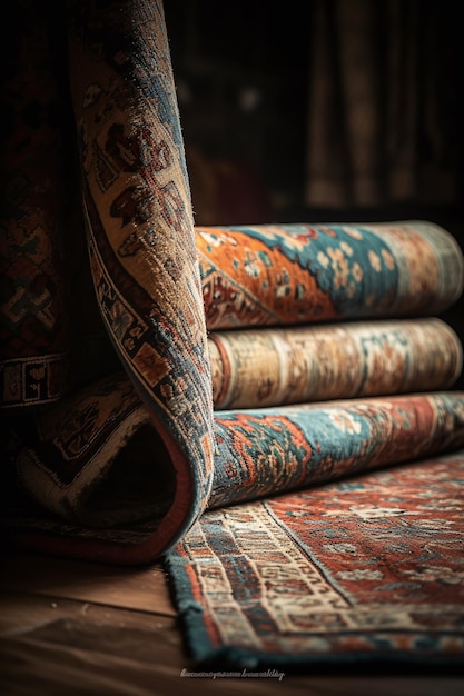 A stack of rugs with one that says'the word rug'on it