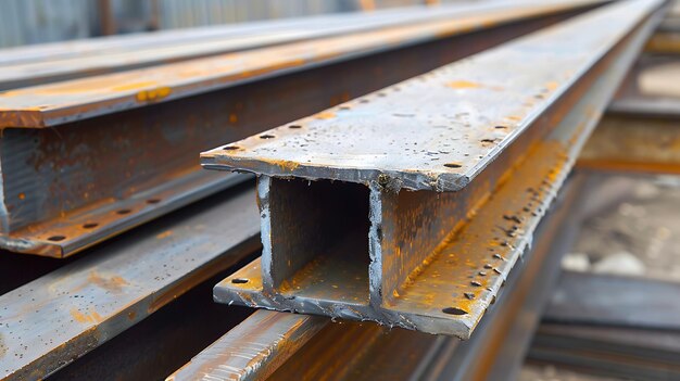 Photo a stack of rusty metal beams the beams are various lengths and have a variety of holes and markings on them