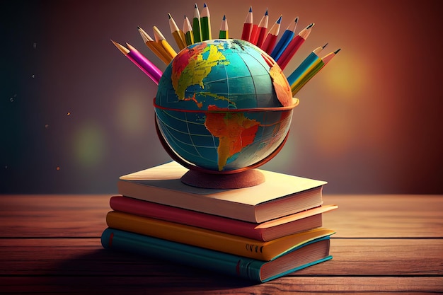 A stack of school books and notebooks globe Generative Ai