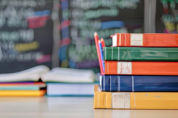 Photo stack of school textbooks on a desk with chalkboard background