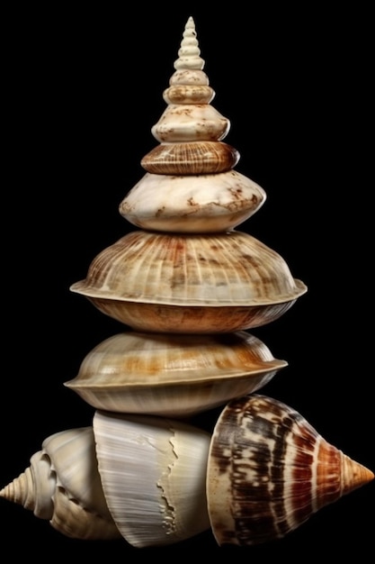 A stack of sea shells is displayed on a black background.