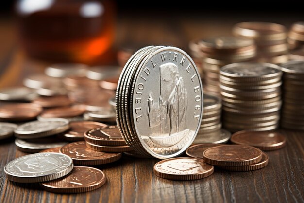 Stack of shiny gold and silver coins on wooden table financial savings concept